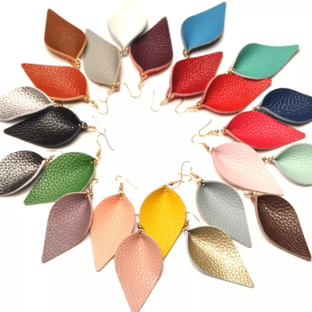 Vegan Leather Light Weight Leaf Teardrop Earrings - Picture 2 of 4